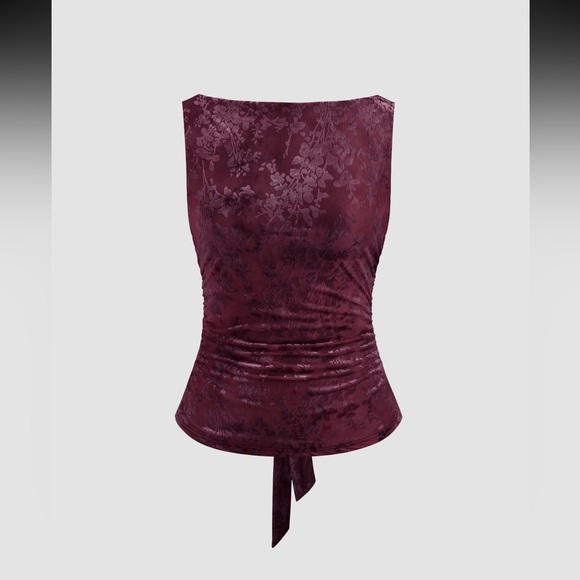 Cider Tops - BURGENDY BOAT NECK FLORAL KNOTTED RUCHED CROP TANK TOP